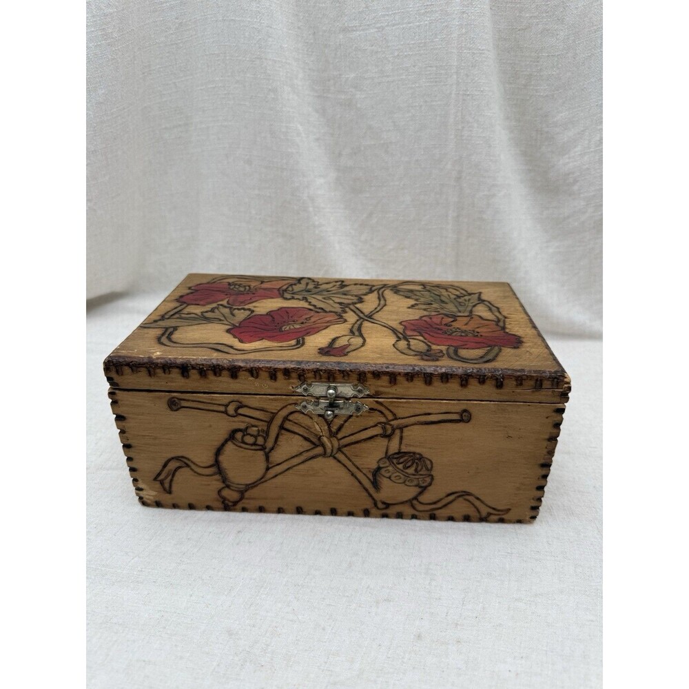 Vintage Hand-Carved Floral Wooden Box – Pyrography Folk Art Poppy Storage Box